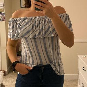 Off the should white and blue striped blouse